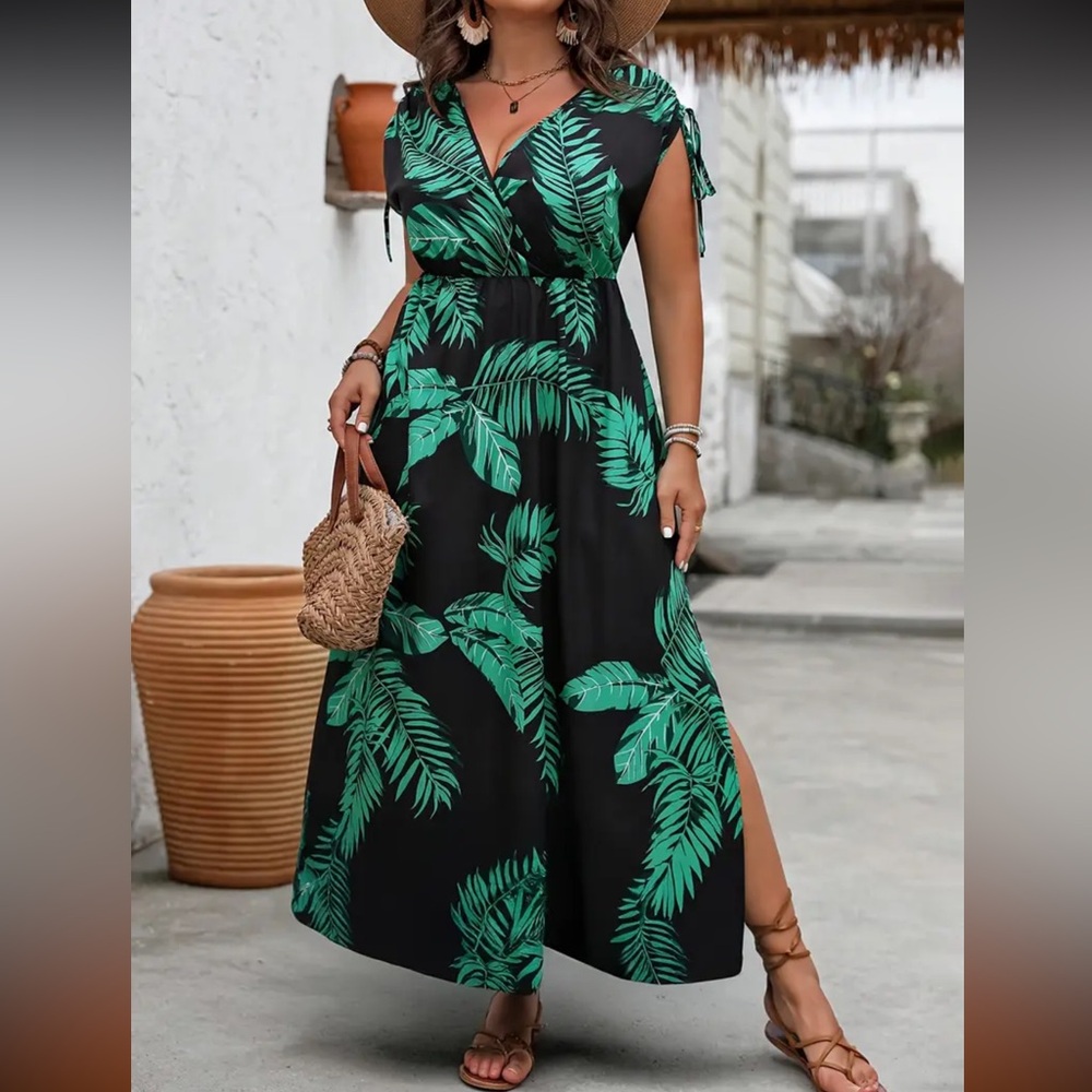 Print Plus Size Sleeveless Maxi Dress with Tropical Print and High Slit - 2X NIB